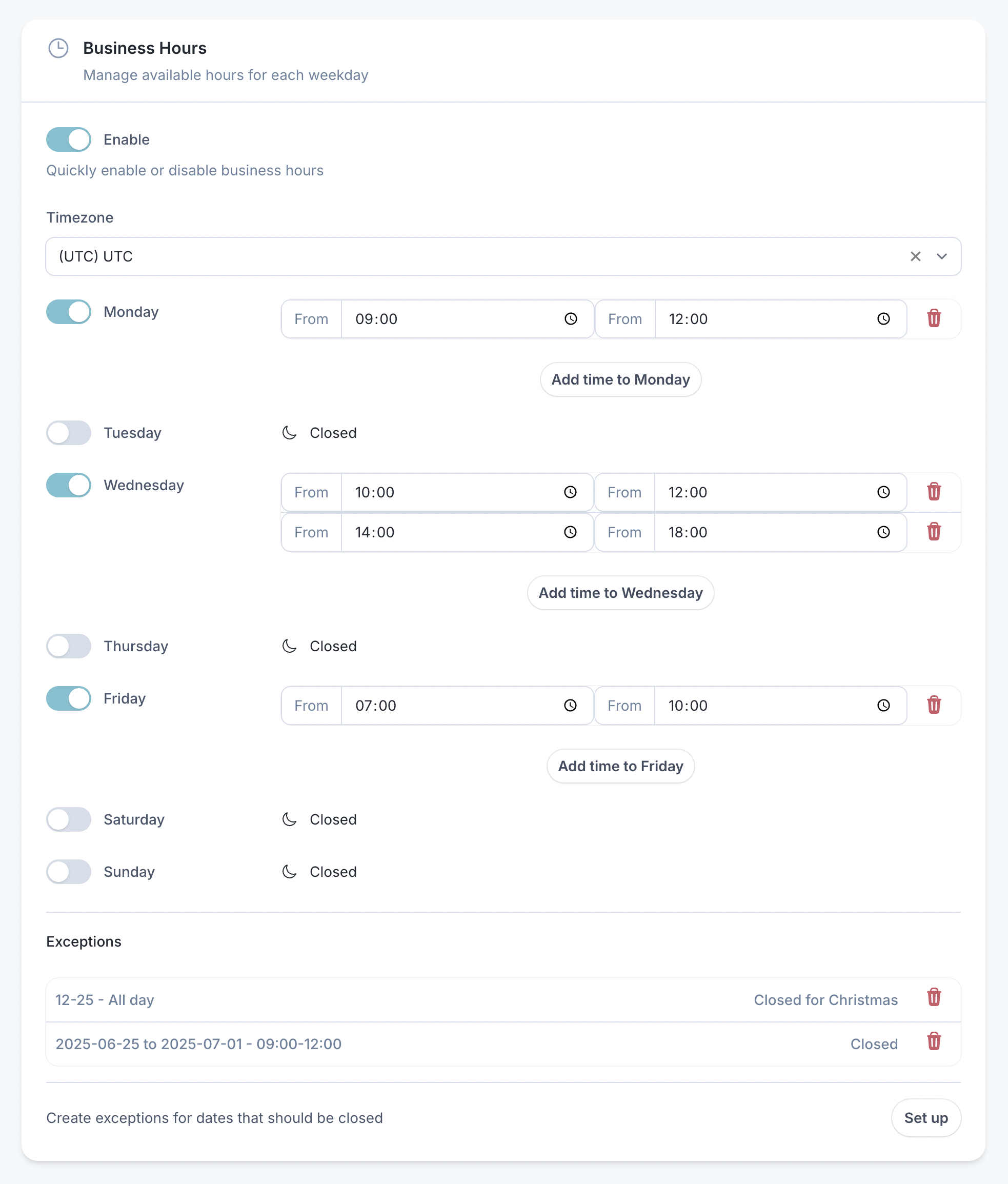 Screenshot: Clean business hours interface with day toggles and time slots