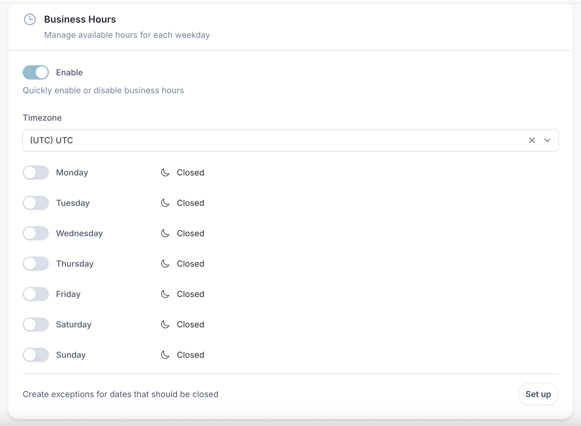 Screenshot: Business Hours form field with exception management