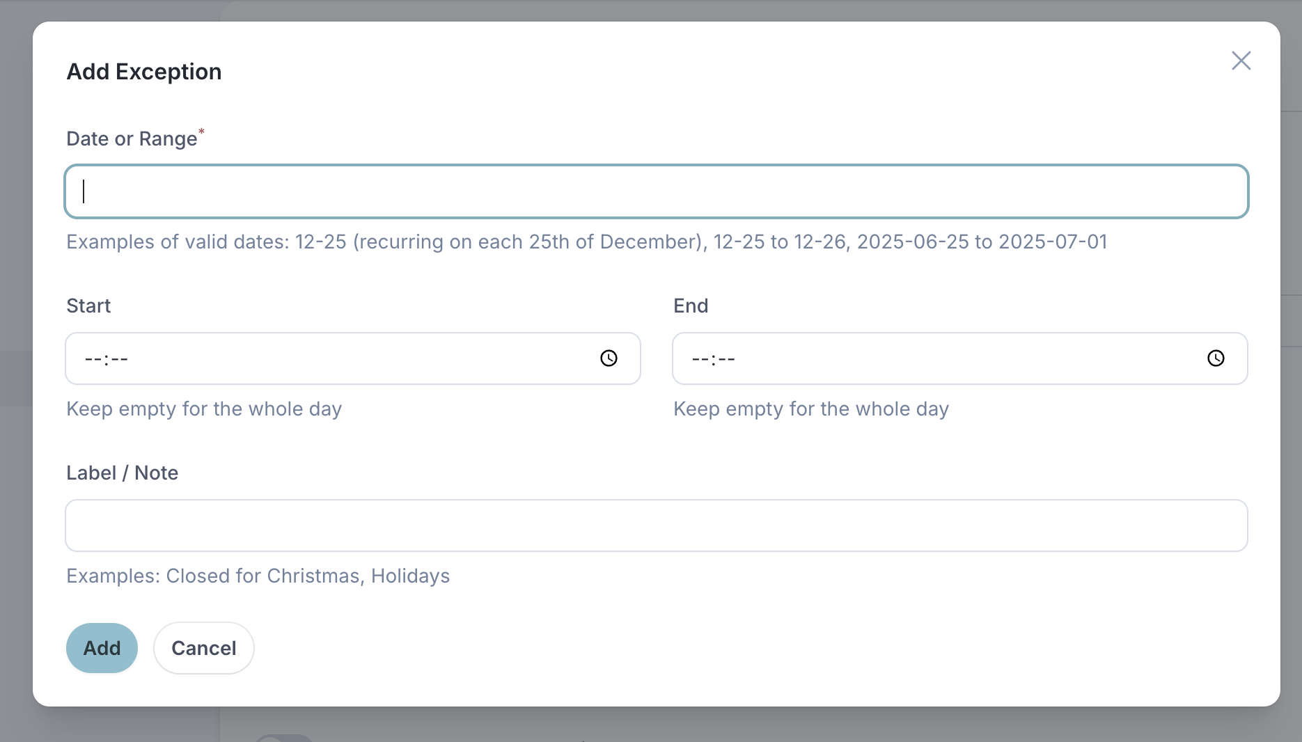Screenshot: Exception modal showing date picker and recurring options