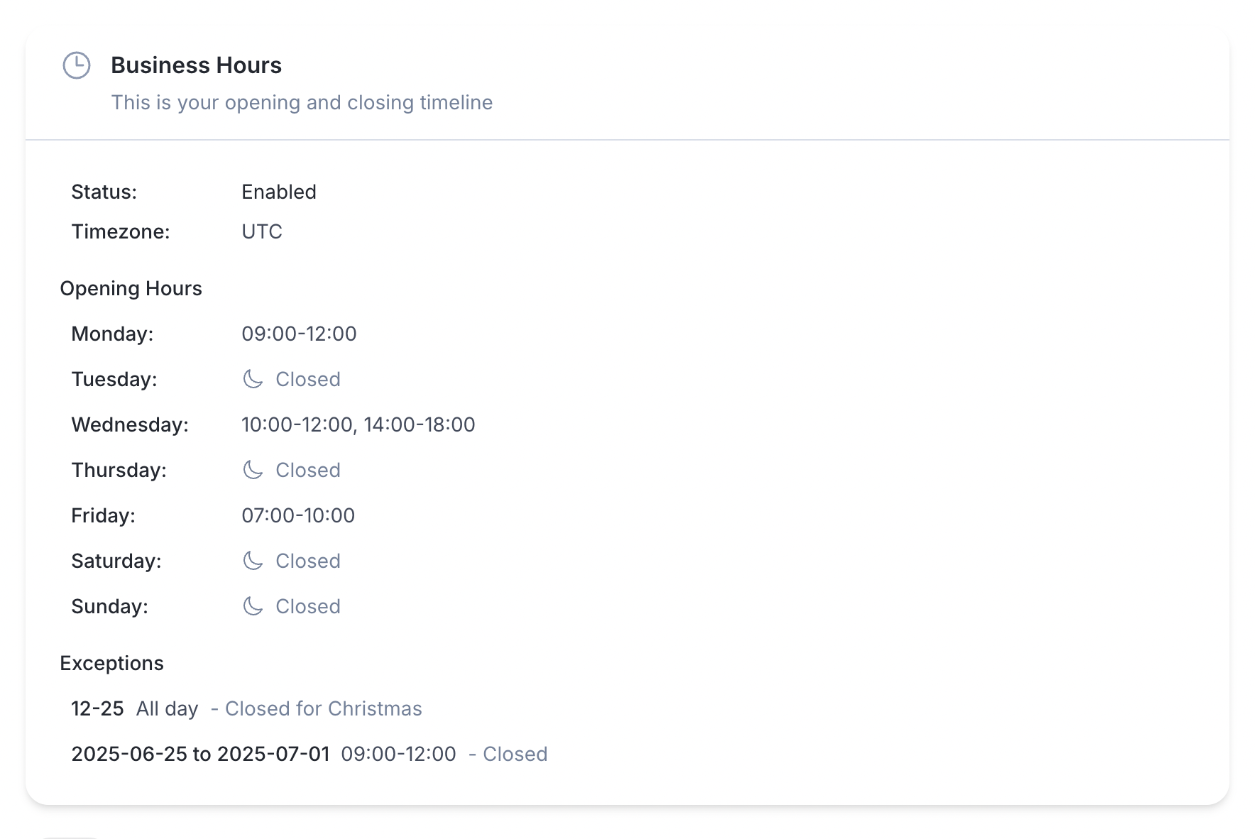 Screenshot: Infolist entry showing formatted business hours
